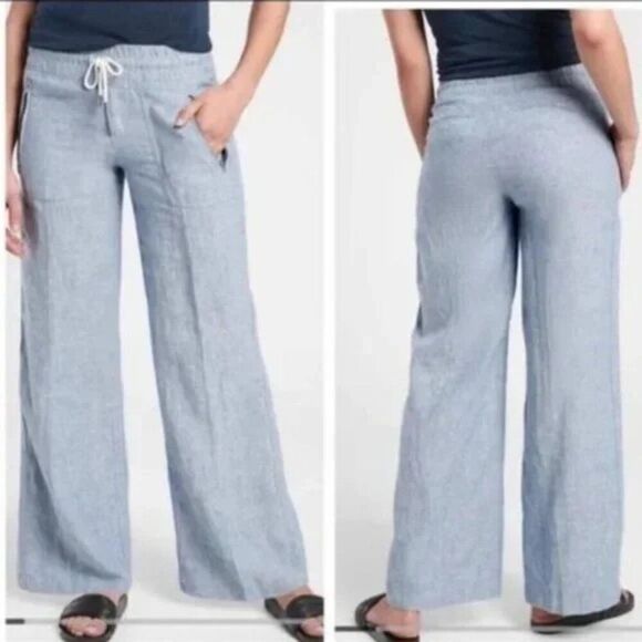 Athleta Cabo Linen Mid-Rise Wide Leg Pant In Chambray Blue- Women's Size 4 - Picture 1 of 11